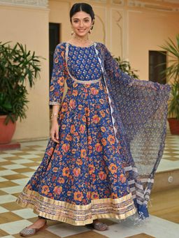 Lavanya The Label - Blue Printed Regular Anarkali Kurta Pant with Dupatta