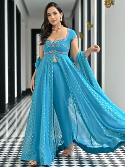 Lavanya The Label - Blue Embellished/Sequined Regular Anarkali Kurta Pant with Dupatta