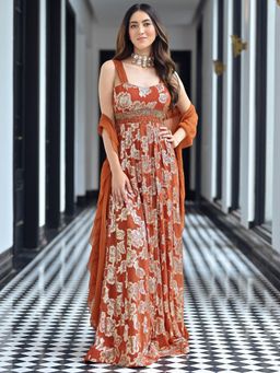 Lavanya The Label - Rust Embroidered Regular Anarkali Kurta Pant with Dupatta