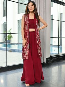Lavanya The Label - Maroon Embellished Regular Top & Jacket with Palazzo