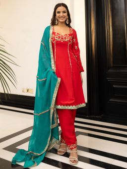Lavanya The Label - Red Embellished/Sequined Regular Kurti Pant with Dupatta