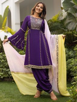 Lavanya The Label - Purple Embroidered Regular Kurti Salwar with Dupatta