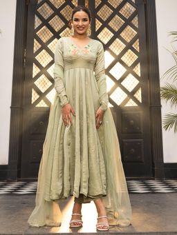 Lavanya The Label - Green Textured Regular Anarkali Kurta Pant with Dupatta
