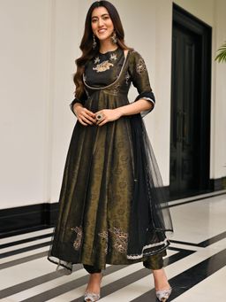 Lavanya The Label - Black Textured Regular Anarkali Kurta Pant with Dupatta