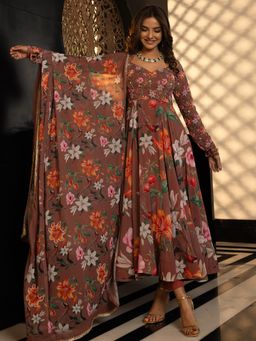 Lavanya The Label - Beige Floral Regular Anarkali Kurta Pant with Dupatta