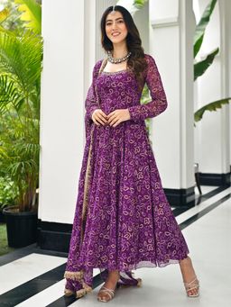 Lavanya The Label - Purple Printed Relaxed Anarkali Kurta Pant with Dupatta