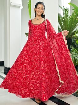 Lavanya The Label - Red Printed Relaxed Anarkali Kurta Pant with Dupatta
