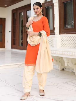 Lavanya The Label - Orange Solid/Plain Regular Kurta Salwar with Dupatta