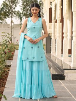 Lavanya The Label - Blue Embroidered Regular Kurta Sharara with Dupatta
