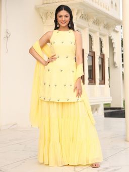 Lavanya The Label - Yellow Embroidered Regular Kurta Sharara with Dupatta