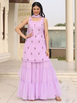 Lavanya The Label - Purple Embroidered Regular Kurta Sharara with Dupatta