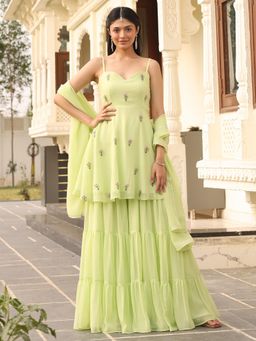 Lavanya The Label - Green Embroidered Regular Kurta Sharara with Dupatta