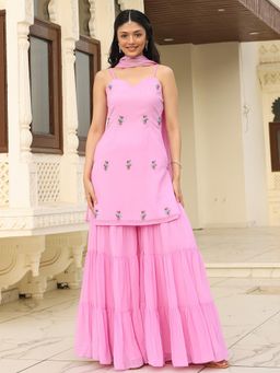 Lavanya The Label - Pink Embroidered Regular Kurta Sharara with Dupatta
