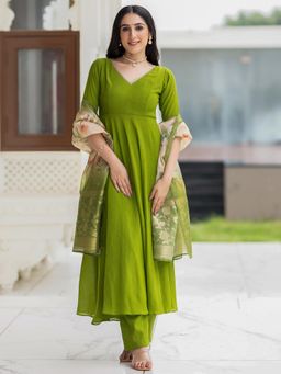 Lavanya The Label - Olive Solid/Plain Relaxed Anarkali Kurta Pant with Dupatta