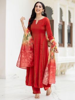 Lavanya The Label - Red Solid/Plain Relaxed Anarkali Kurta Pant with Dupatta