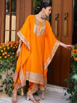 Lavanya The Label - Orange Embroidered Relaxed Kaftan & Dhoti