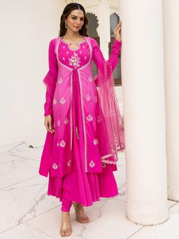 Lavanya The Label - Pink Embroidered Relaxed Anarkali Kurta Churidar with Dupatta