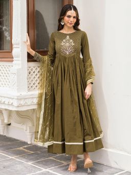 Lavanya The Label - Green Embroidered Relaxed Anarkali Kurta Churidar with Dupatta
