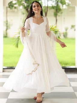 Lavanya The Label - White Embroidered Relaxed Anarkali Kurta Pant with Dupatta
