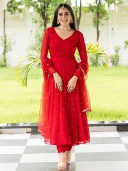 Lavanya The Label - Red Embroidered Relaxed Anarkali Kurta Pant with Dupatta