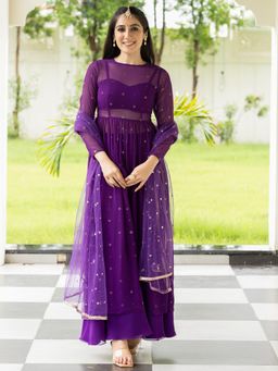 Lavanya The Label - Purple Embroidered Relaxed Anarkali Kurta Pant with Dupatta