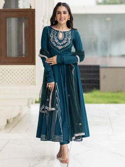 Lavanya The Label - Teal Embroidered Relaxed Anarkali Kurta Pant with Dupatta