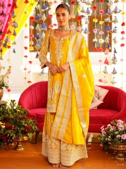 Lavanya The Label - Yellow Embroidered Regular Kurta Palazzo with Dupatta