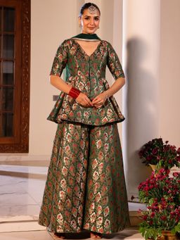 Lavanya The Label - Green Textured Regular Top Palazzo with Dupatta