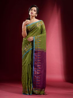 CHARUKRITI - Sap Green with Temple and Floral Zari Pattern Saree with Unstitched Blouse
