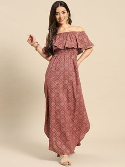 Mabish By Sonal Jain - Pink Off Shoulder Flare Yoke and U Hem Maxi Dress