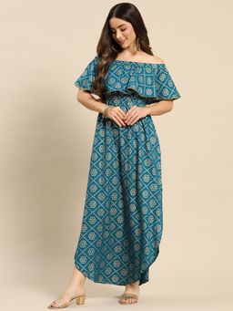 Mabish By Sonal Jain - Turquoise Off Shoulder Flare Yoke and U Hem Maxi Dress