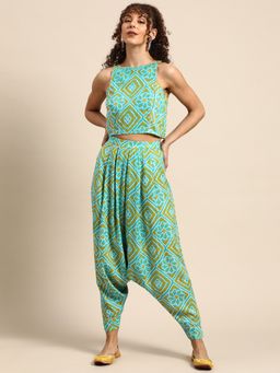 Mabish By Sonal Jain - Turquoise Crop Top with Dhoti Pant (Set of 2)