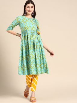 Mabish By Sonal Jain - Turquoise Angarkha Style Kurta with Pant (Set of 2)