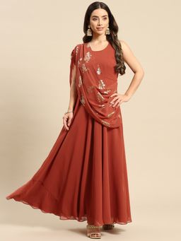 Mabish By Sonal Jain - Rust Long Flare Dress with Dupatta Drape