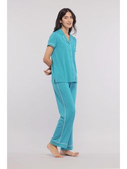 NeceSera - Teal Half Sleeve Button Down Shirt with Pyjama (Set of 2)
