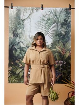 NeceSera - Mini Waffle Beige Safari Bermuda Shirt with Shorts With Belt (Set of 2)