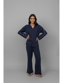 NeceSera - Navy Blue Button Down White Piping Shirt with Pyjama (Set of 2)
