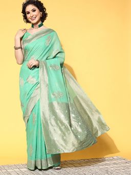 Sareemall - Cotton Blend Turquoise Woven Design Saree With Unstitched Blouse