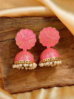 Estele - Gold Tone Floral Pink Enamel Jhumki Earrings with Pearls for Women