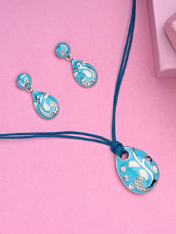 Estele - Rhodium Plated Drop Shaped Cord Pendant Set with Crystals for Women