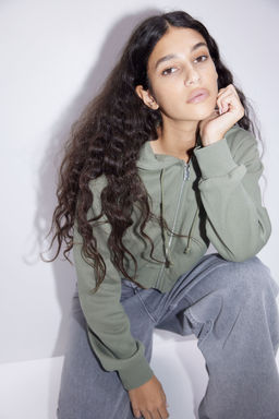 H&M - Women Grey Cropped Zip-Through Hoodie