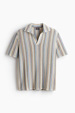 H&M - Men Blue Loose Fit Pointelle-Knit Polo Shirt