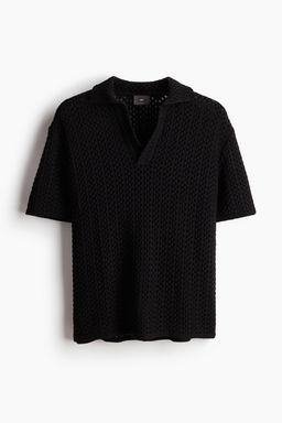 H&M - Men Blue Loose Fit Pointelle-Knit Polo Shirt