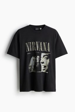H&M - Men Black Loose Fit Vintage-Look Printed T-Shirt