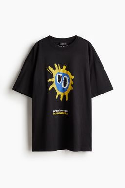 H&M - Men Black Loose Fit Vintage-Look Printed T-Shirt