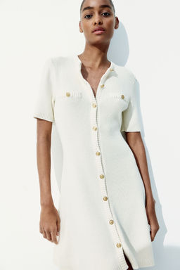 H&M - Women White Rib-Knit Button-Front Dress