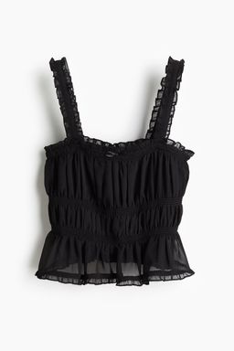 H&M - Women Black Sheer Frill-Trimmed Top