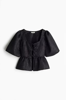 H&M - Women Black Jacquard-Weave Tie-Front Blouse