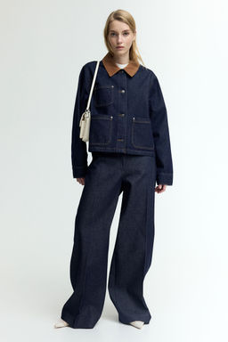 H&M - Women Blue Corduroy-Collar Denim Jacket