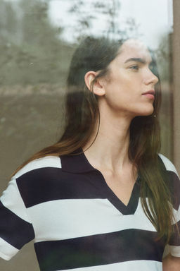 H&M - Women Blue Oversized Fine-Knit Polo Shirt